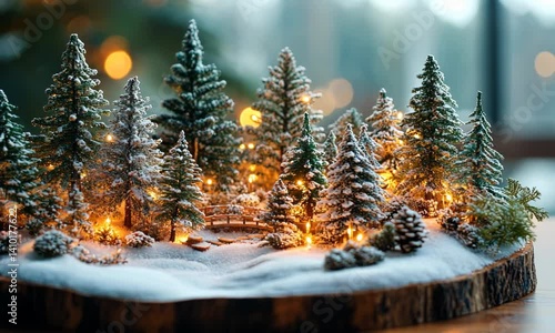 Miniature winter forest scene with lights.