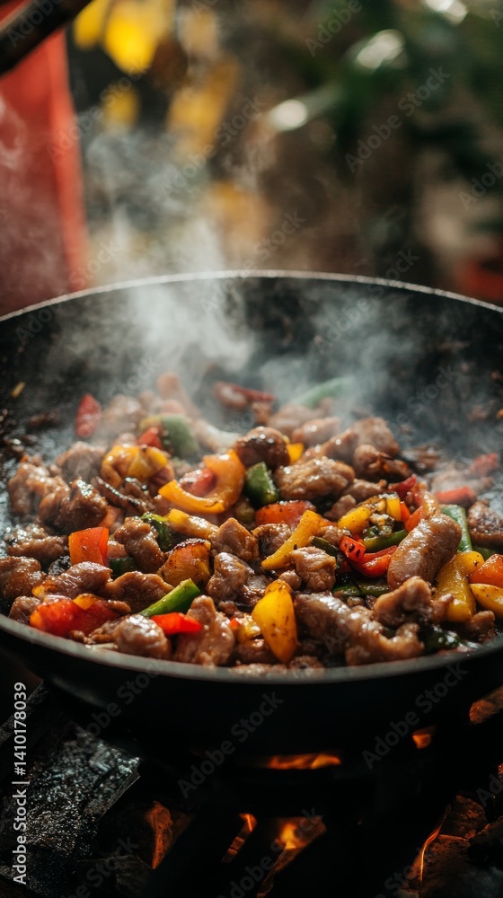 Roast vegetables over an open fire, smoke rising upwards. Suitable for cooking blogs, grill commercials, picnics.