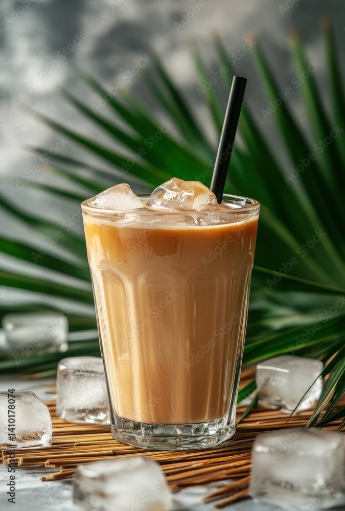 Refreshing iced coffee beverage with ice cubes served in a clear glass on a tropical background with palm leaves and natural elements Refreshing iced coffee beverage with ice cubes served in a clear glass on a tropical background with palm leaves and natural elements