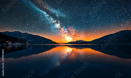 Milky way over tranquil lake at sunrise.