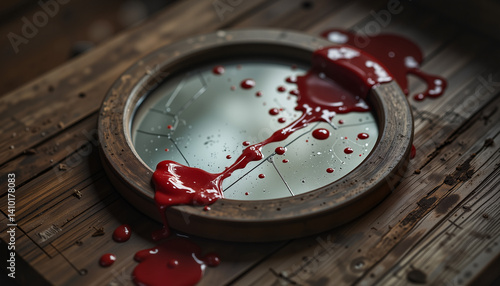 Broken mirror with eerie mood representing bad omen against wooden background