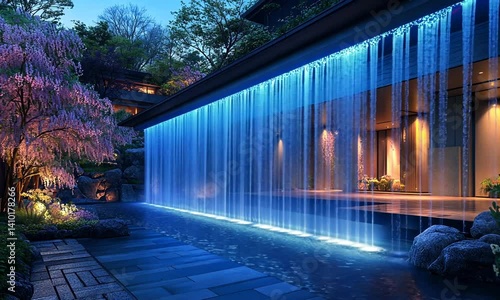 Japanese garden with illuminated waterfall at night.