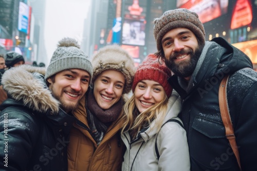 Portrait of a american family tourists smiling in New York while snowing