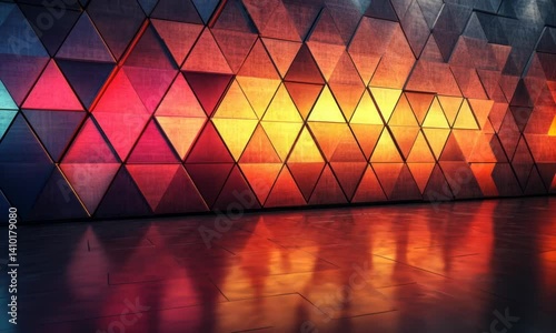 Geometric wall paneling with vibrant lighting.