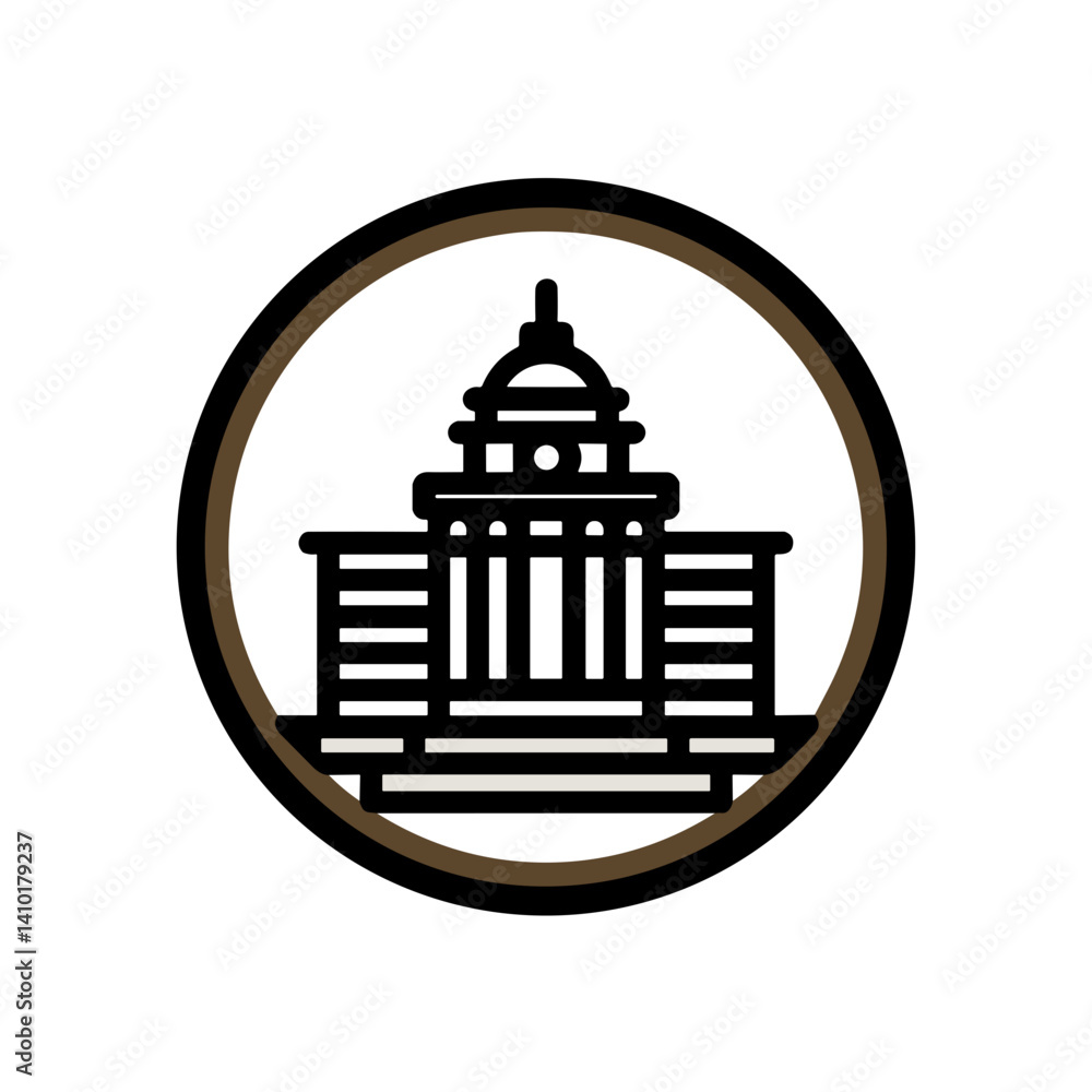 Simple Line Art of Historical Building in Circular Badge Design Simple Line Art of Historical Building in Circular Badge Design