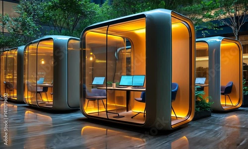 Modern, enclosed work pods in a stylish atrium.