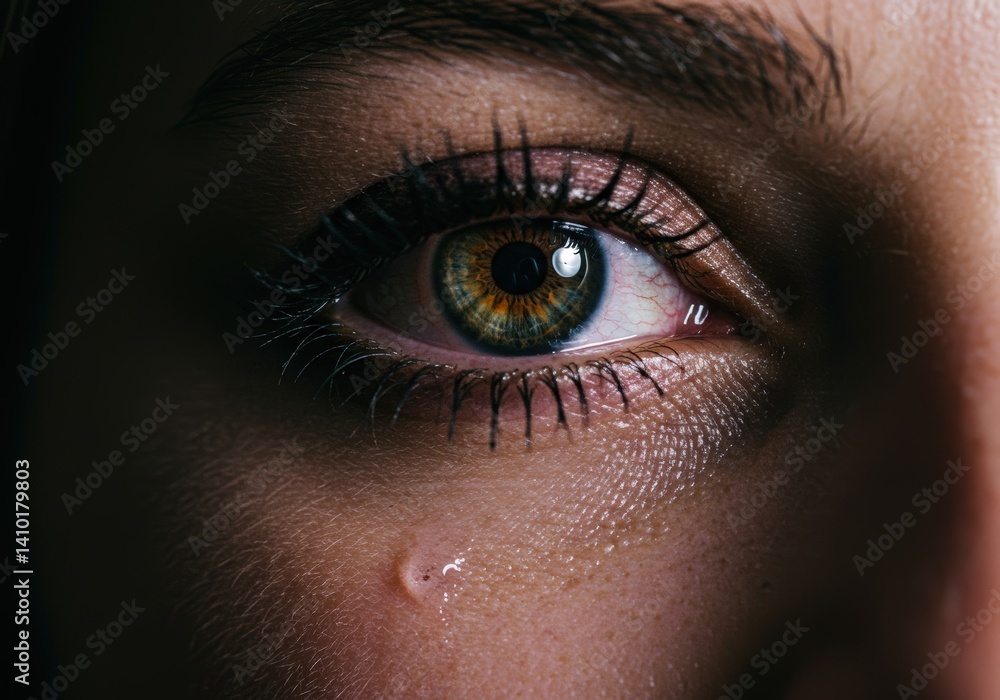 A close-up view of an eye shedding a tear, capturing intense emotion and sorrow in a dramatic shot. A close-up view of an eye shedding a tear, capturing intense emotion and sorrow in a dramatic shot.