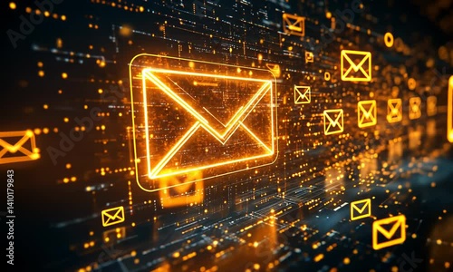 Digital email symbols on a data stream background.