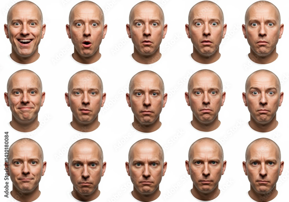 Diverse expressions of a man displayed on a white backdrop, showing a range of emotions. Diverse expressions of a man displayed on a white backdrop, showing a range of emotions.