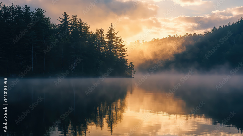 serene morning scene on lake with mist rising over water, surrounded by forest of tall trees under golden sunrise. tranquil atmosphere is reflected in calm water serene morning scene on lake with mist rising over water, surrounded by forest of tall trees under golden sunrise. tranquil atmosphere is reflected in calm water