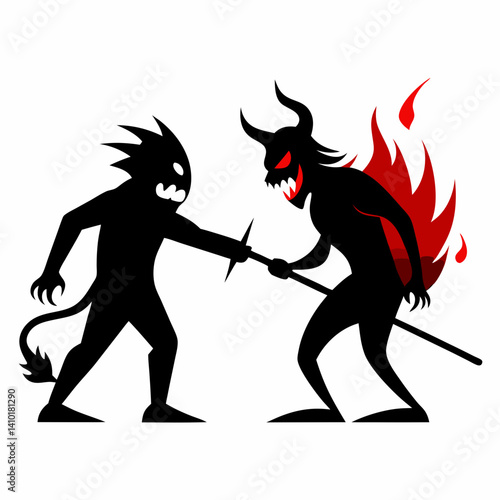 Silhouette Demons Clash With Spear And Fire Illustration On A White Backdrop For Halloween Themed Design Projects