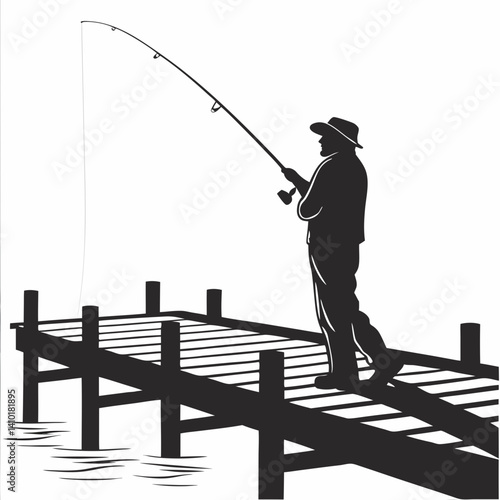 Silhouette Of A Fisherman On A Pier Holding A Fishing Rod Ready For Catching Fish At Lakeside Or Riverside