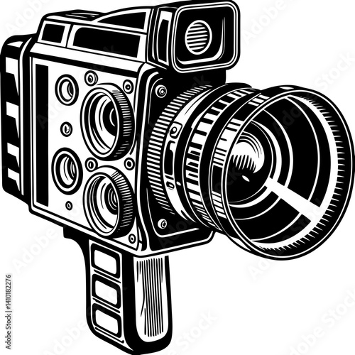 Vintage Super 8 Film Camera Illustration In Black And White Detailed Graphic Artwork For Retro And Nostalgic Designs