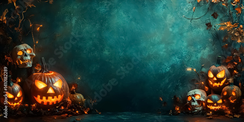Haunted Halloween Gathering: Glowing Jack-o'-Lanterns and Skulls in a Moody, Dark Setting with Twinkling Lights and Autumnal Vines