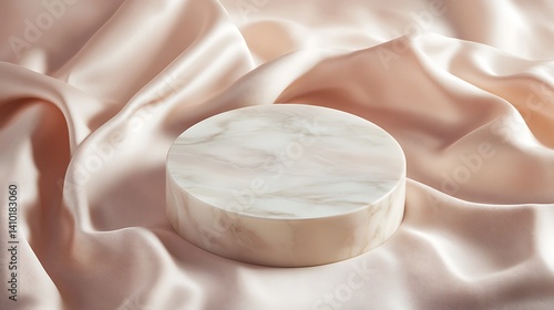 A top-down view of a luxury marble podium on soft silk fabric, perfect for showcasing beauty and fashion products. The smooth, minimal pastel background enhances the brand