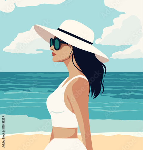 Summer holidays. Travel. Woman on vacation in a white beach tunic dress, swimsuit, glasses and hat on the background of the beach, on the azure coast. Vector illustration for tourism projects