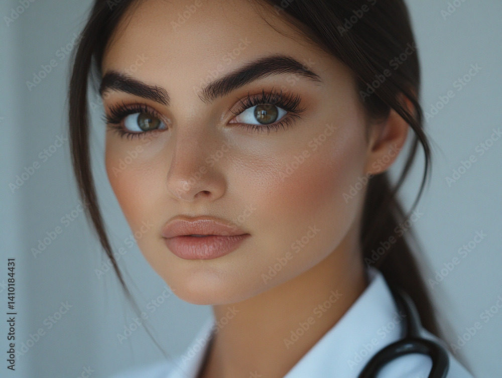 Beautiful woman close-up, doctor nurse care portrait close-up