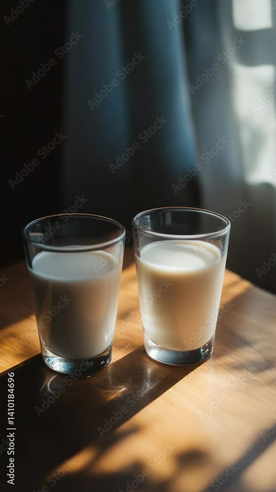 Two glasses of milk sitting on a table. Two glasses of milk sitting on a table.