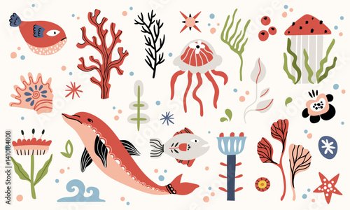 Folk hygge ocean clip arts, hand drawn vector set in Scandinavian Nordic style, isolated on white. Collection of classic ethnic elements. The scandi folk motifs - fishes, flowers, and sea animals