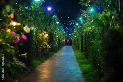 Secret garden party with hedge maze, flowers, and ambient music