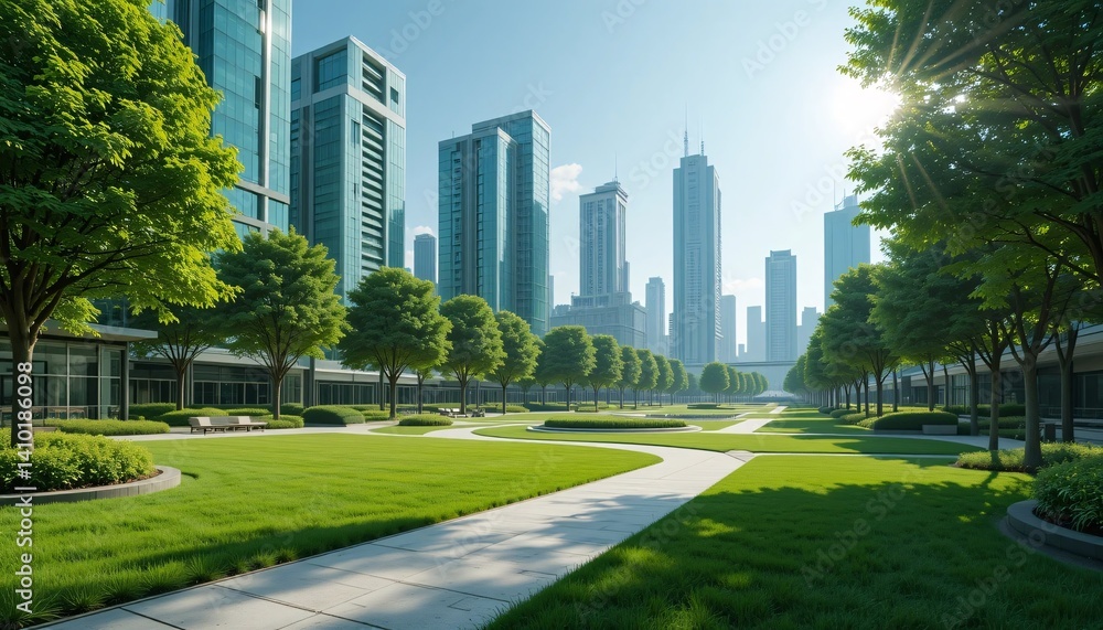 Modern City Park Green Urban Landscape Skyscrapers Sunny Day Modern City Park Green Urban Landscape Skyscrapers Sunny Day