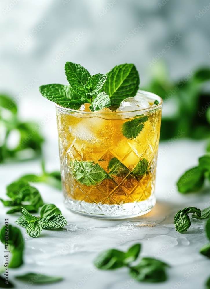 Refreshing Mint Cocktail with Ice in a Crystal Glass Surrounded by Fresh Mint Leaves on a Light Background Refreshing Mint Cocktail with Ice in a Crystal Glass Surrounded by Fresh Mint Leaves on a Light Background