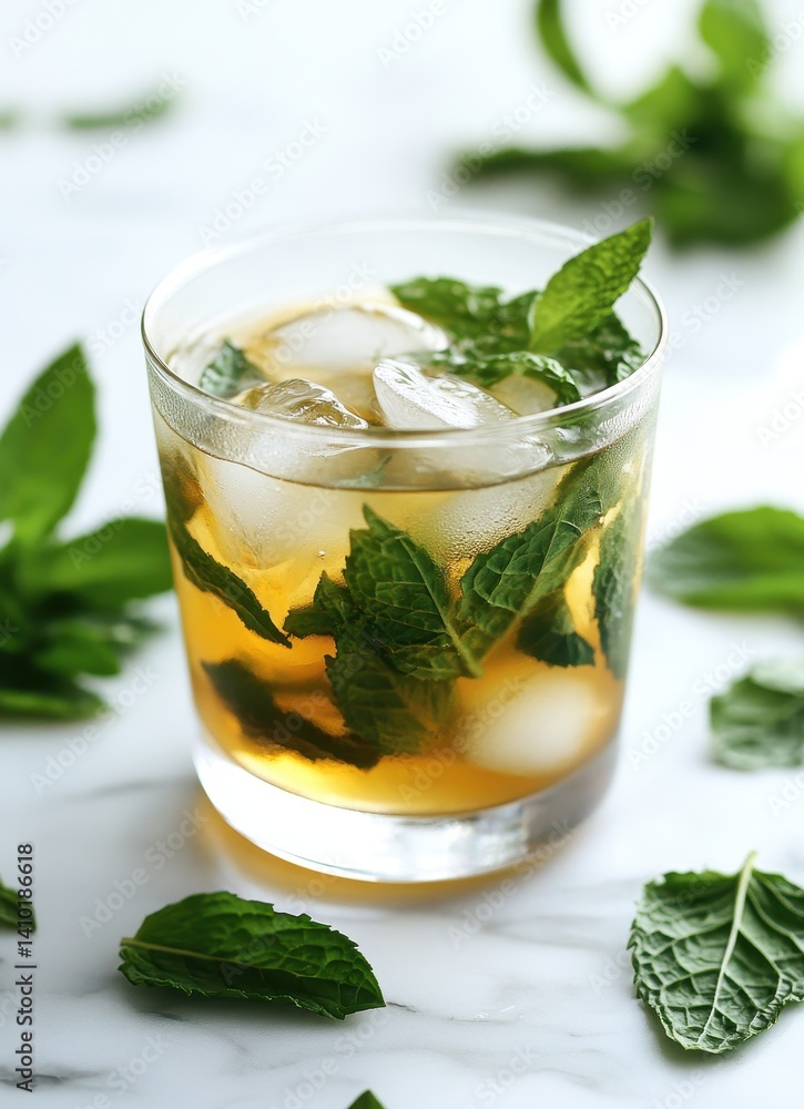 Refreshing Mint Cocktail in a Glass with Ice and Fresh Mint Leaves on a Marble Surface Refreshing Mint Cocktail in a Glass with Ice and Fresh Mint Leaves on a Marble Surface