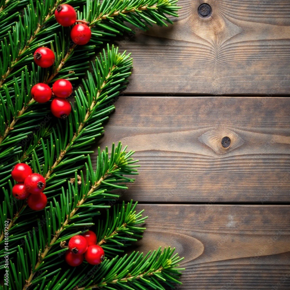 Evergreen branches with red berries against a rustic wooden background, evergreen branch, Christmas tree, christmas Evergreen branches with red berries against a rustic wooden background, evergreen branch, Christmas tree, christmas