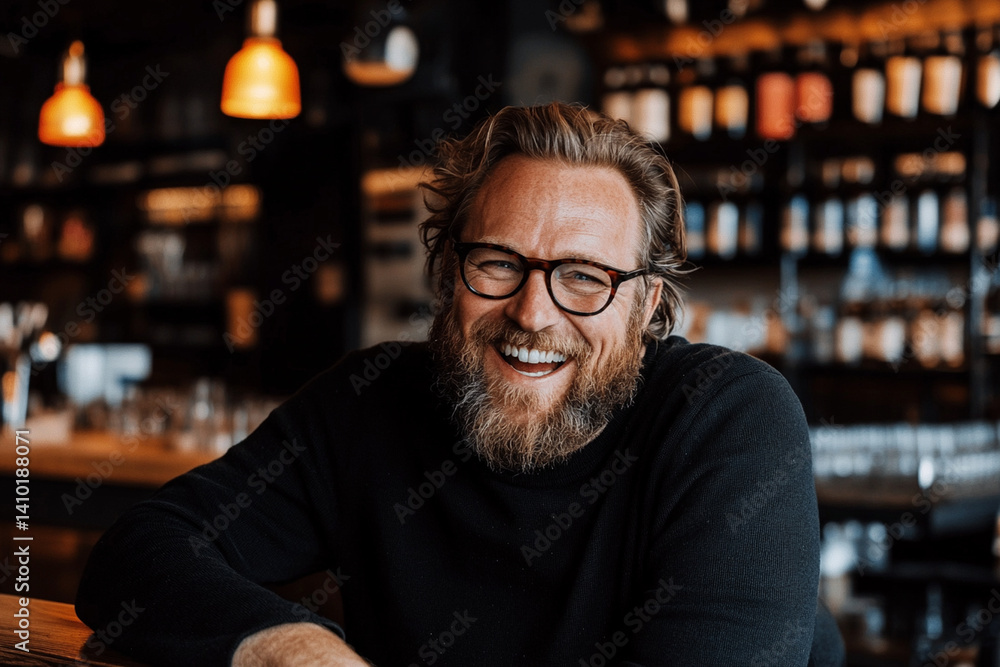 Man with glasses enjoying a lighthearted conversation in a cozy cafe during the evening hours Man with glasses enjoying a lighthearted conversation in a cozy cafe during the evening hours