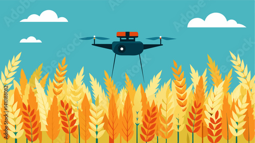 In a wheat field a small autonomous drone flies in a predetermined pattern carefully examining the health and growth of each plant.. Vector illustration