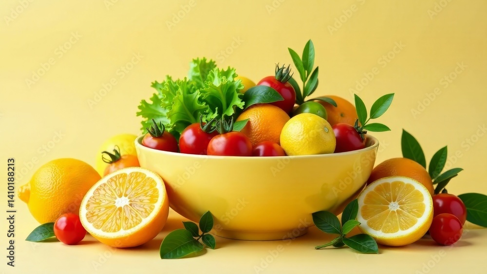 A vibrant bowl overflowing with fresh, ripe citrus fruits and juicy tomatoes, complemented by a bed of crisp lettuce leaves, creating a cheerful and healthy-looking still life. A vibrant bowl overflowing with fresh, ripe citrus fruits and juicy tomatoes, complemented by a bed of crisp lettuce leaves, creating a cheerful and healthy-looking still life.