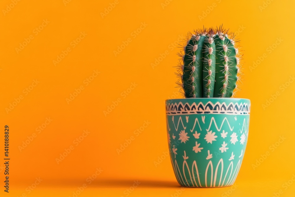 A vibrant green cactus in a decorative pot, placed against a bright orange pastel background. A playful and colorful composition reflecting a tropical or summer theme. A vibrant green cactus in a decorative pot, placed against a bright orange pastel background. A playful and colorful composition reflecting a tropical or summer theme.