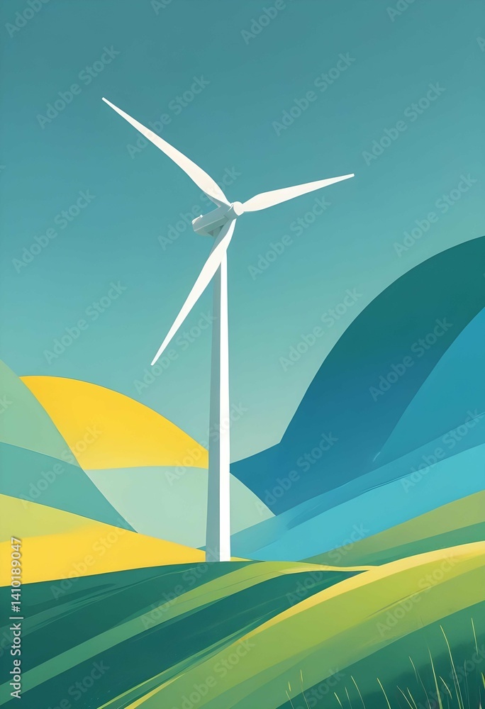 Obraz premium A stylized illustration depicts a white wind turbine standing tall against a backdrop of rolling green and blue hills under a clear teal sky