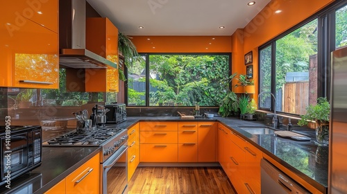 Modern kitchen with orange cabinets black countertops and large window overlooking greenery.