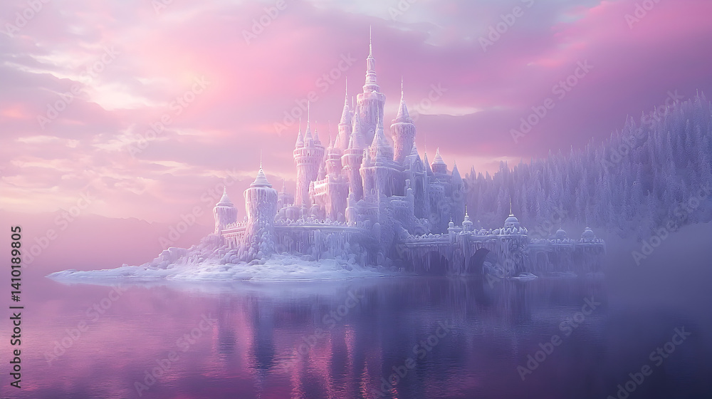 ice castle with frost-covered turrets, reflecting the soft pink hues of dawn ice castle with frost-covered turrets, reflecting the soft pink hues of dawn