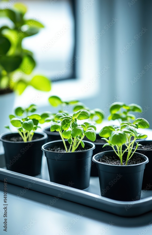 Healthy seedlings grow in pots on a windowsill during daylight hours in a vibrant indoor garden setup Healthy seedlings grow in pots on a windowsill during daylight hours in a vibrant indoor garden setup