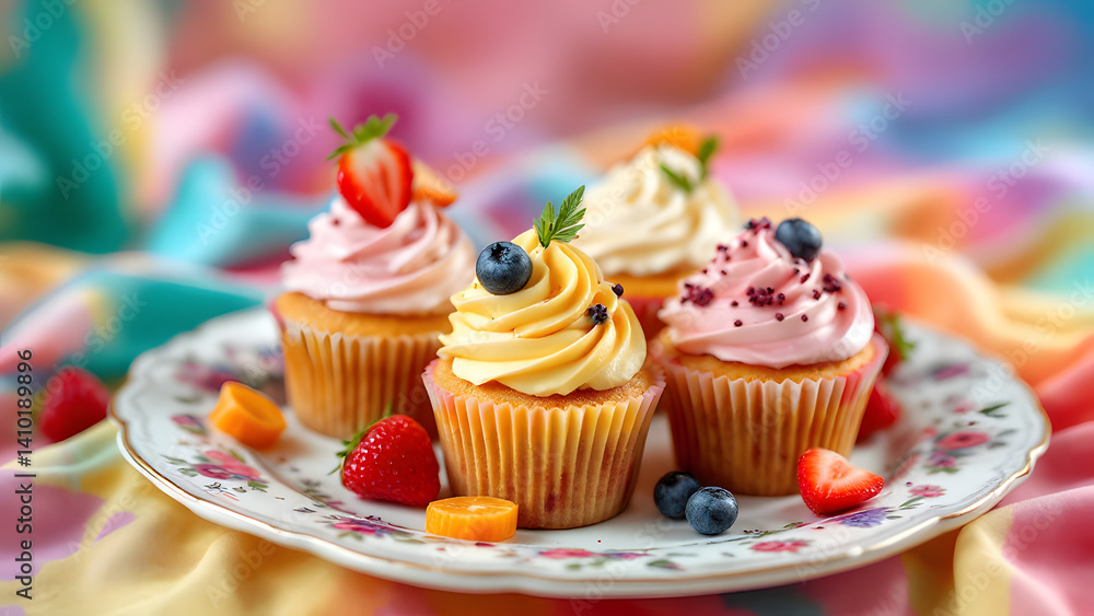 Delightful cupcakes on a floral plate evoke celebration and indulgence Delightful cupcakes on a floral plate evoke celebration and indulgence