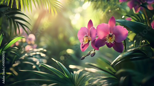 Fototapeta Naklejka Na Ścianę i Meble -  Radiant orchids bloom amidst lush tropical foliage.