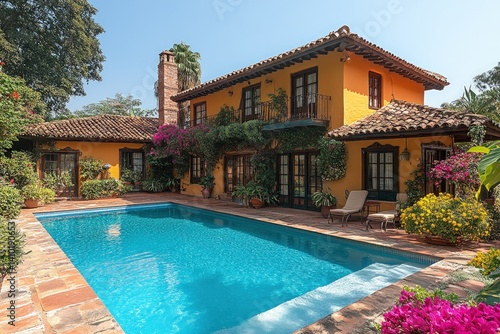 Wallpaper Mural House with swimming pool surrounded by greenery under a blue sky. Torontodigital.ca