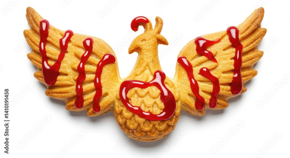 Naklejka premium A mythical phoenix-shaped pastry with fiery cherry glaze