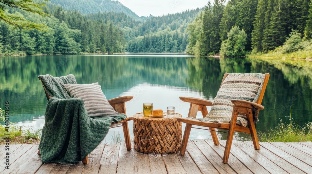 Fototapeta premium Tranquil lakeside seating area, perfect for relaxation.