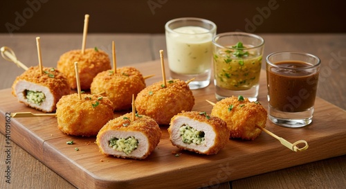 Mini Chicken Kyiv skewers served canapé-style, on a wooden board with shot-glass sauces.