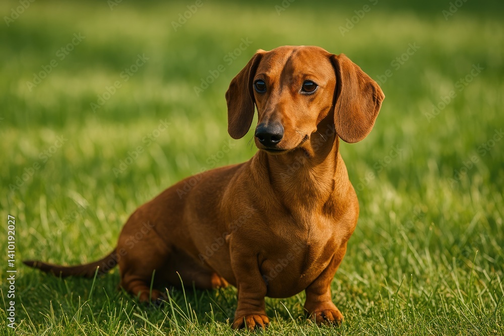 Brown dachshund sitting on green grass in sunlight