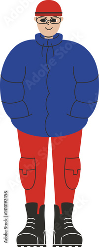 Young man stands in blue puffer jacket. Male character in linear flat style.