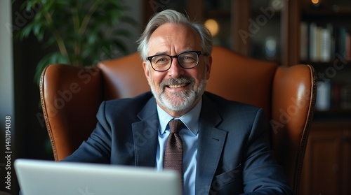 Portrait of mature boss inside office with laptop, successful and satisfied investor manager looking at camera and smiling man in glasses and business suit, investor with beard sitting on chair.