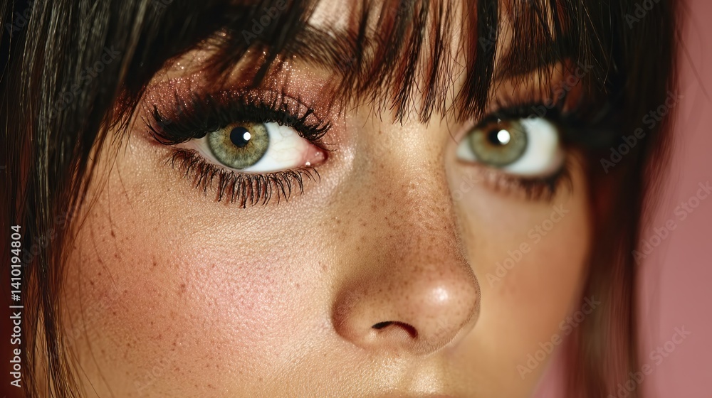 Fototapeta premium Close-up of a woman's face showing eye makeup, freckles, and dark bangs