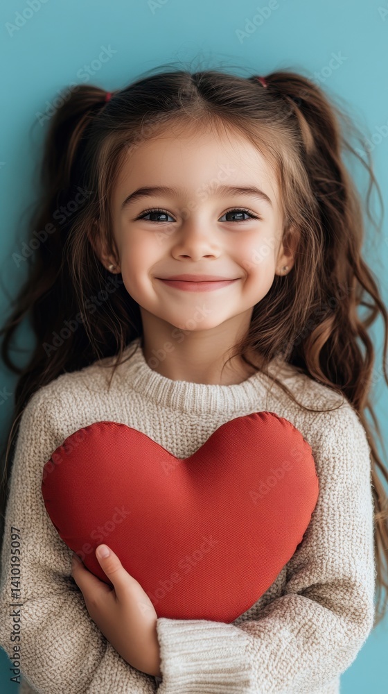 Young girl smiling while holding a heart-shaped pillow in a bright studio with a blue background Young girl smiling while holding a heart-shaped pillow in a bright studio with a blue background