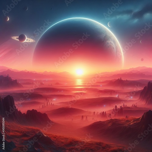 The image depicts a captivating alien landscape at sunset, featuring a giant planet and rings in the sky above, surrounded by mountains and glowing stars, rendered in stunning 3D and 4K resolution.