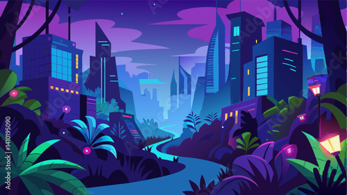 Even at night the city remains vibrant and alive with neon lights illuminating the eVTOLs as they navigate through the rainforests dense foliage.. Vector illustration