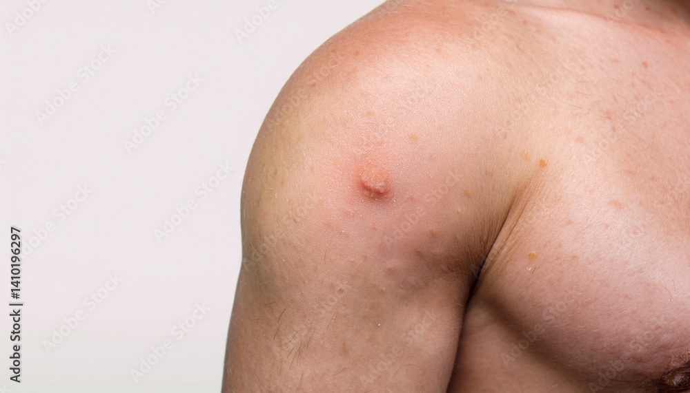 Naklejka premium Close-up of an injured shoulder, depicting a wound. The image highlights the intricacies of the skin's texture and the presence of a blemish